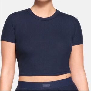 Skims Soft Lounge Ribbed Crop T-Shirt Navy Blue Womens Size Medium